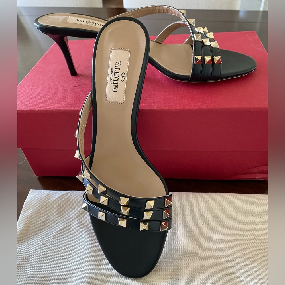 Valentino Garavani Three Strap Black Rockstud Heel Sandals Size EU 38.5